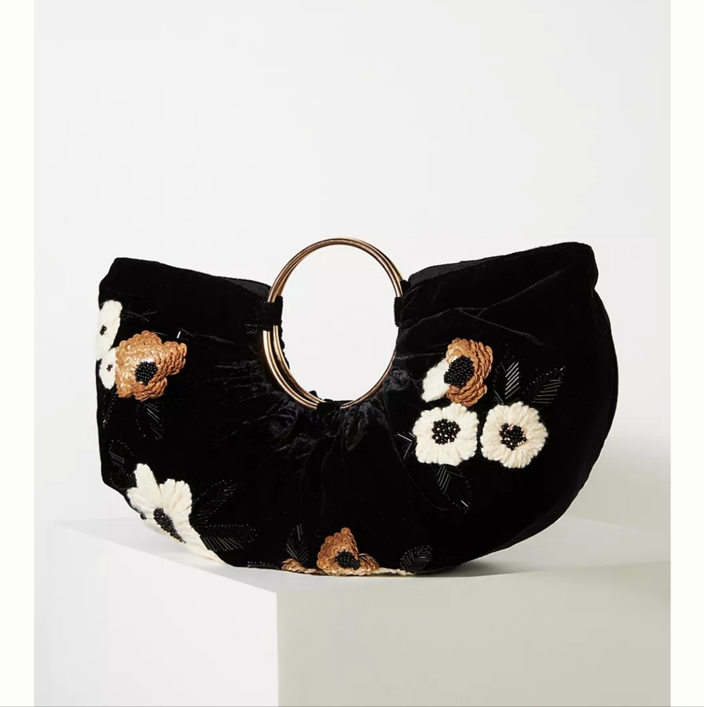 Anthropologie Floral Half-Moon Velvet Bag